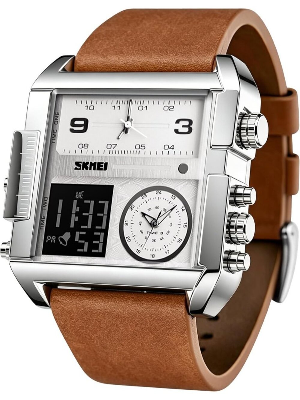 Men's Silver Brown LED Square Large Face Analog Quartz Digital Sports Watch